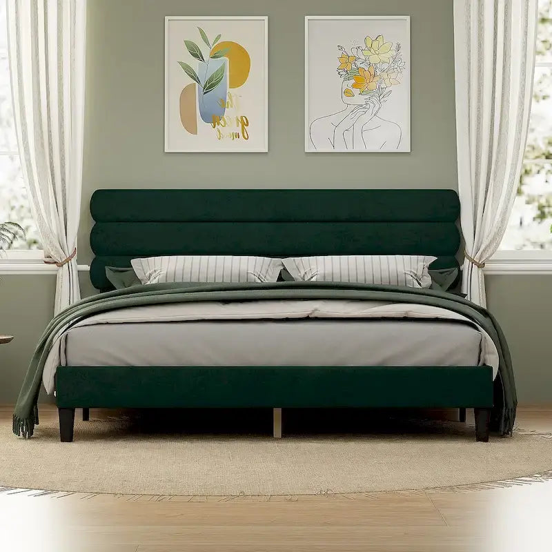 Cadre de lit plateforme rembourré gris clair / gris foncé / vert avec tête de lit, taille double, pour 2
