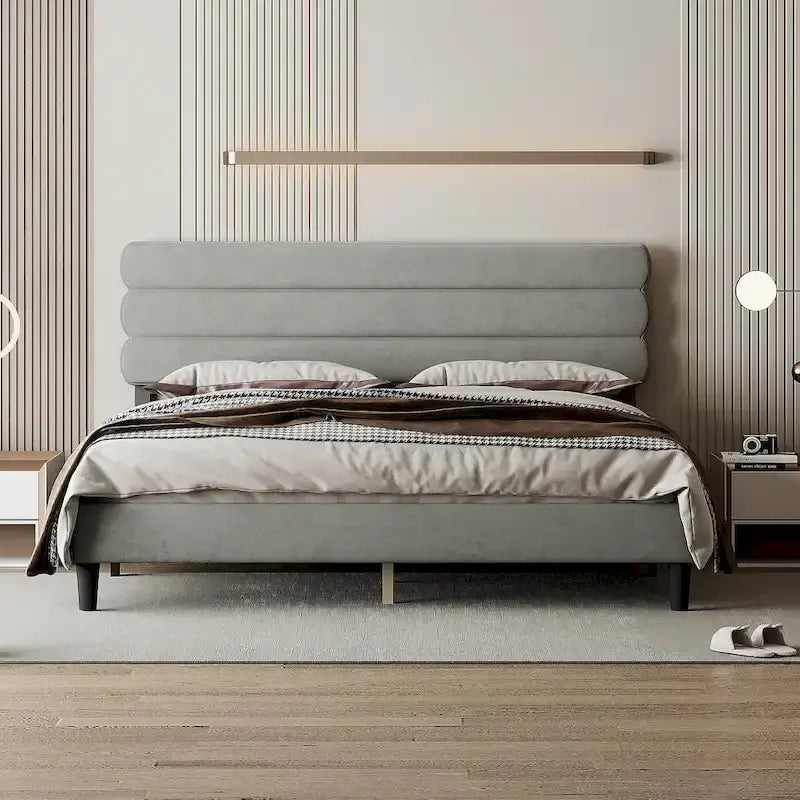 Cadre de lit plateforme rembourré gris clair / gris foncé / vert avec tête de lit, taille double, pour 2