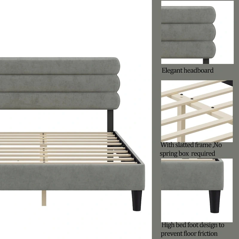 Cadre de lit plateforme rembourré gris clair / gris foncé / vert avec tête de lit, taille double, pour 2