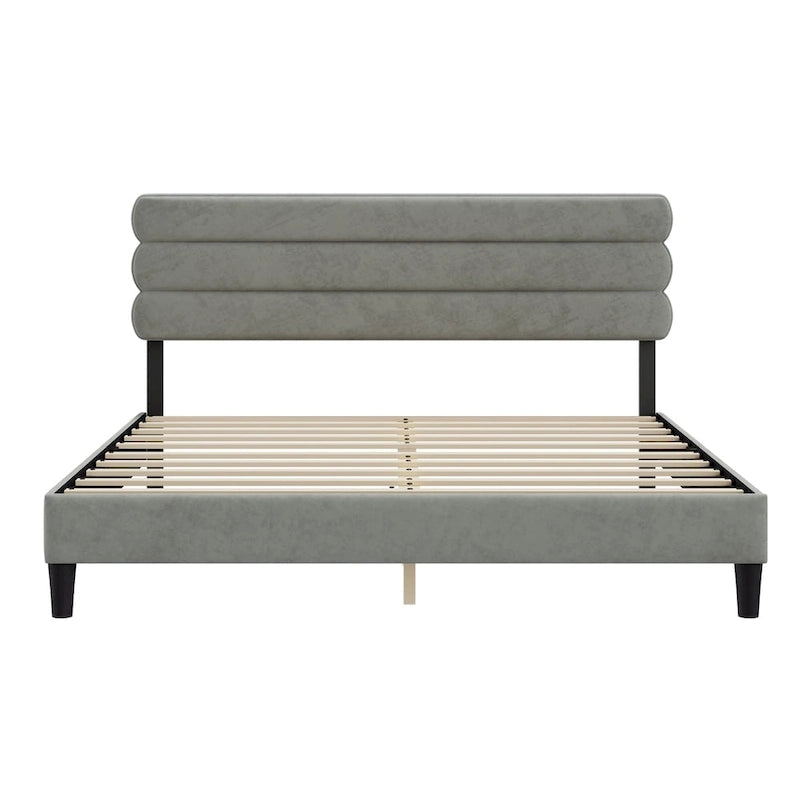 Cadre de lit plateforme rembourré gris clair / gris foncé / vert avec tête de lit, taille double, pour 2