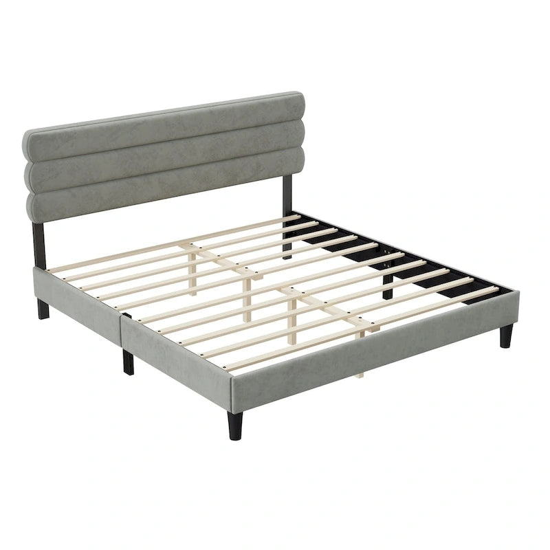 Cadre de lit plateforme rembourré gris clair / gris foncé / vert avec tête de lit, taille double, pour 2