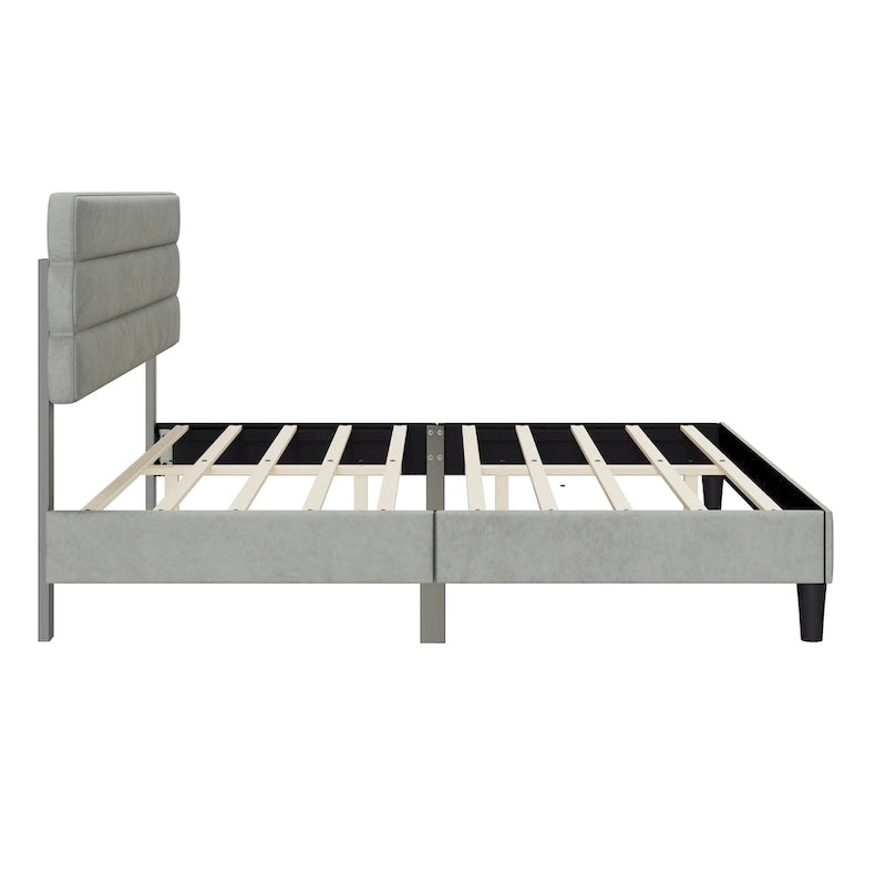 Cadre de lit plateforme rembourré gris clair / gris foncé / vert avec tête de lit, taille double, pour 2