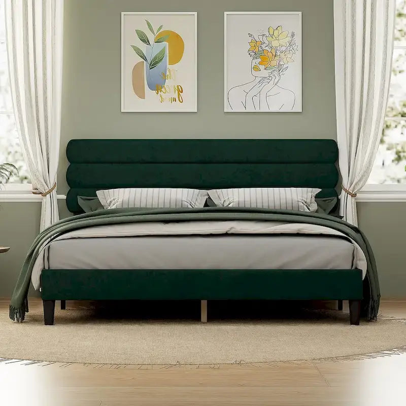 Cadre de lit plateforme rembourré gris clair / gris foncé / vert avec tête de lit, taille double, pour 2