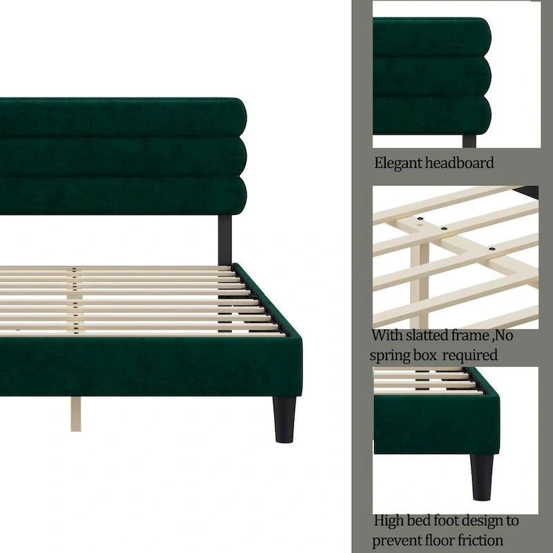 Cadre de lit plateforme rembourré gris clair / gris foncé / vert avec tête de lit, taille double, pour 2