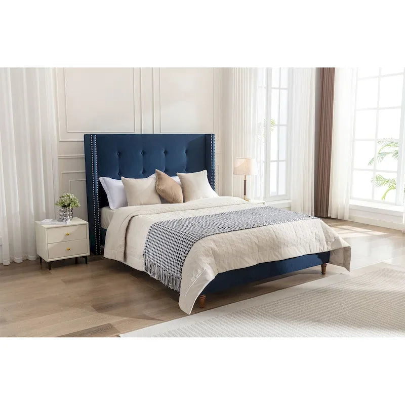Lit king-size à oreilles en velours ivoire et bleu – Tête de lit capitonnée 54", 2 places