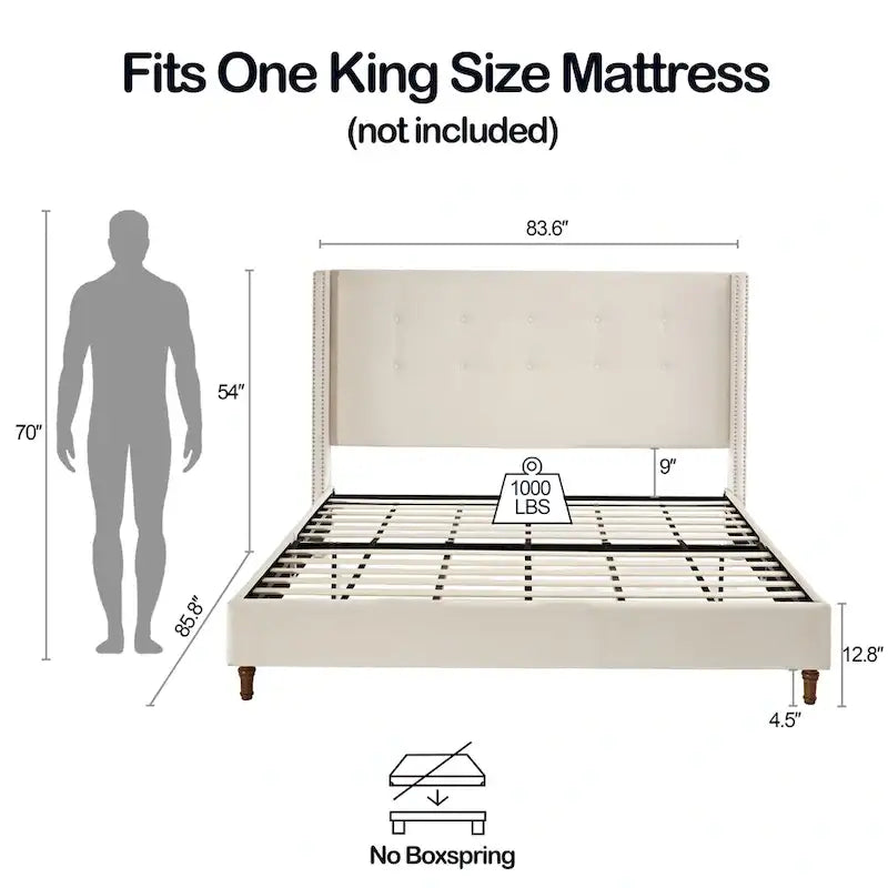 Lit king-size à oreilles en velours ivoire et bleu – Tête de lit capitonnée 54", 2 places