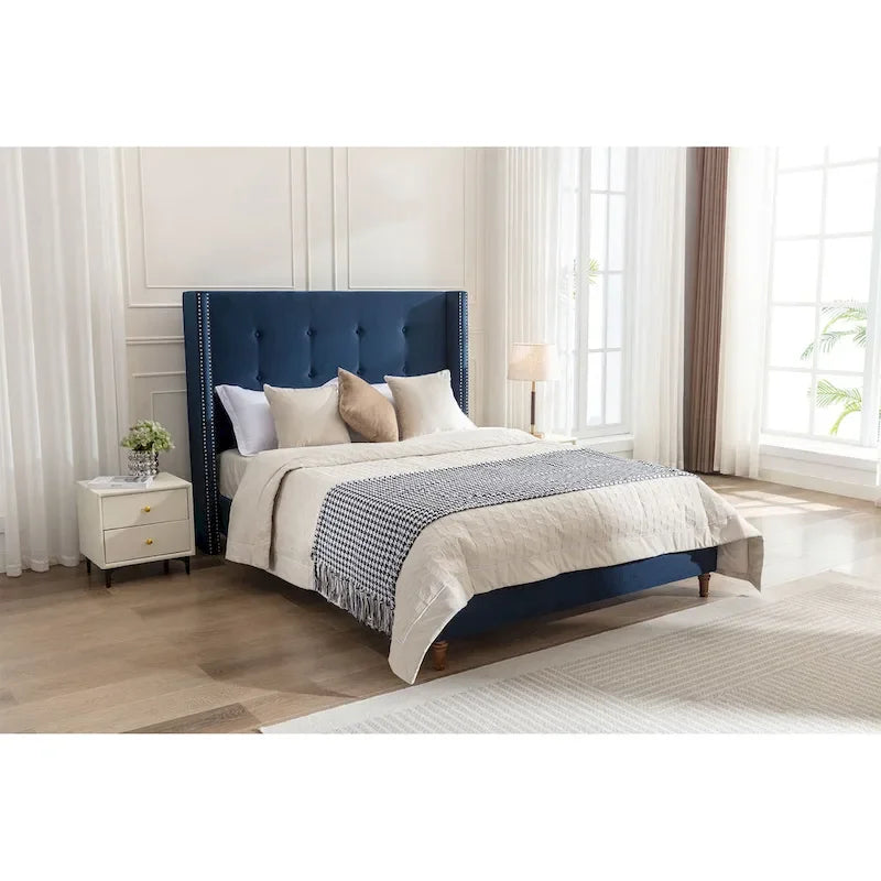 Lit king-size à oreilles en velours ivoire et bleu – Tête de lit capitonnée 54", 2 places