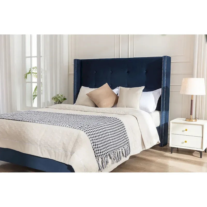 Lit king-size à oreilles en velours ivoire et bleu – Tête de lit capitonnée 54", 2 places