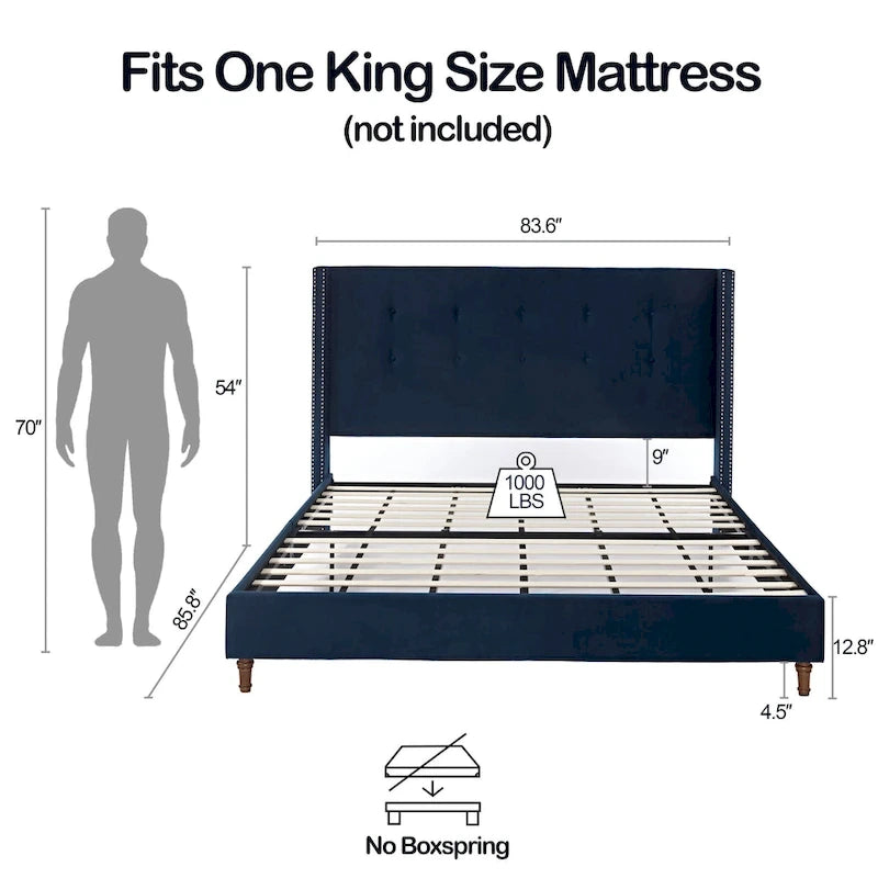 Lit king-size à oreilles en velours ivoire et bleu – Tête de lit capitonnée 54", 2 places