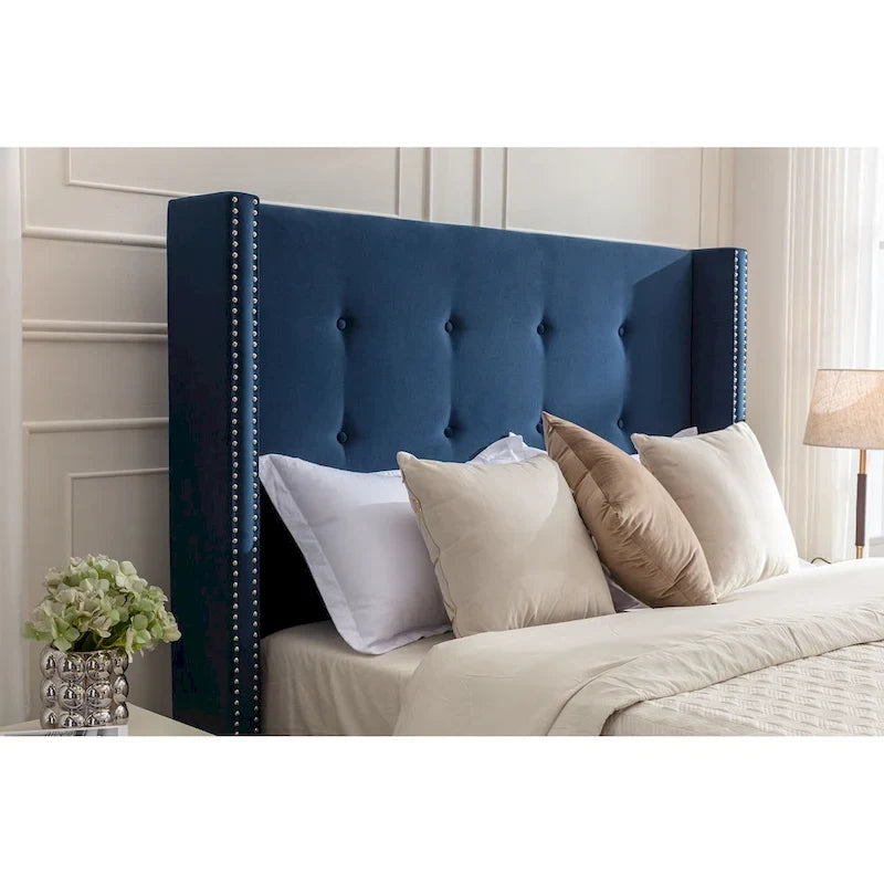 Lit king-size à oreilles en velours ivoire et bleu – Tête de lit capitonnée 54", 2 places