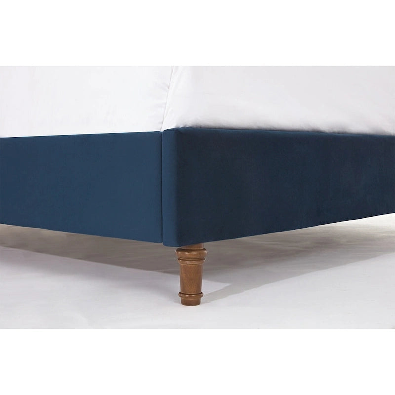Lit king-size à oreilles en velours ivoire et bleu – Tête de lit capitonnée 54", 2 places