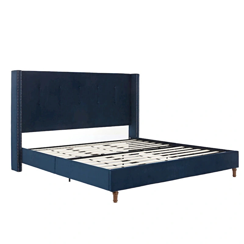 Lit king-size à oreilles en velours ivoire et bleu – Tête de lit capitonnée 54", 2 places