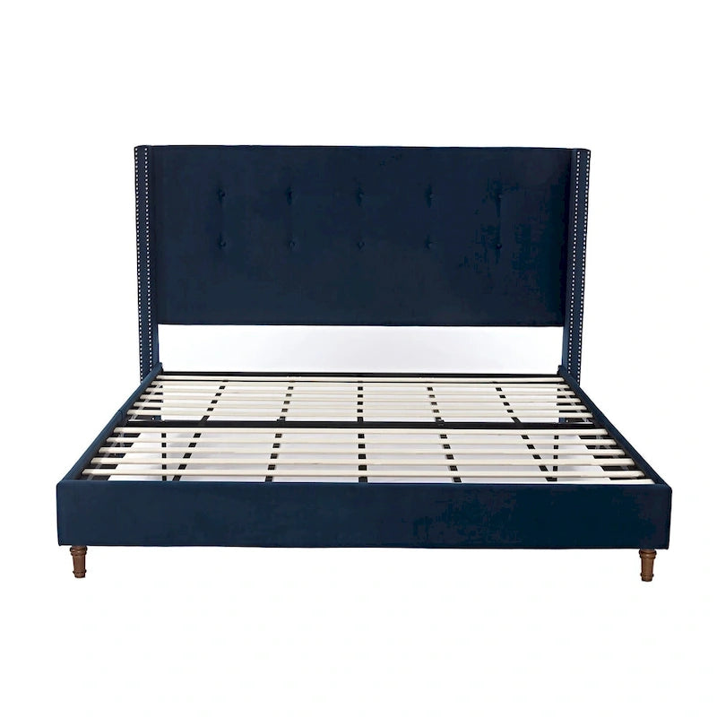 Lit king-size à oreilles en velours ivoire et bleu – Tête de lit capitonnée 54", 2 places