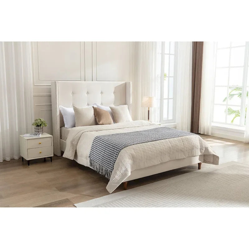 Lit king-size à oreilles en velours ivoire et bleu – Tête de lit capitonnée 54", 2 places
