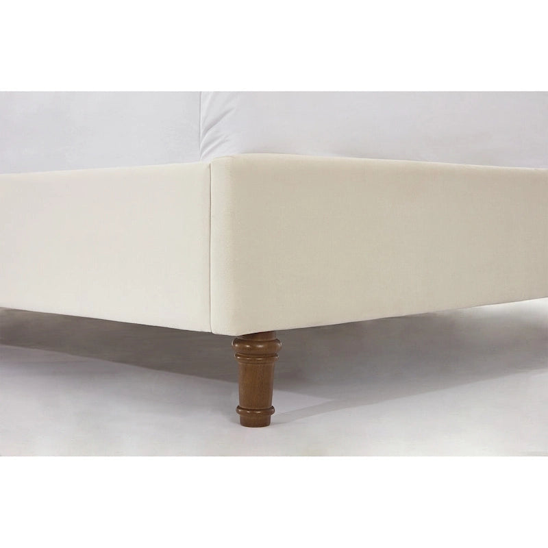 Lit king-size à oreilles en velours ivoire et bleu – Tête de lit capitonnée 54", 2 places