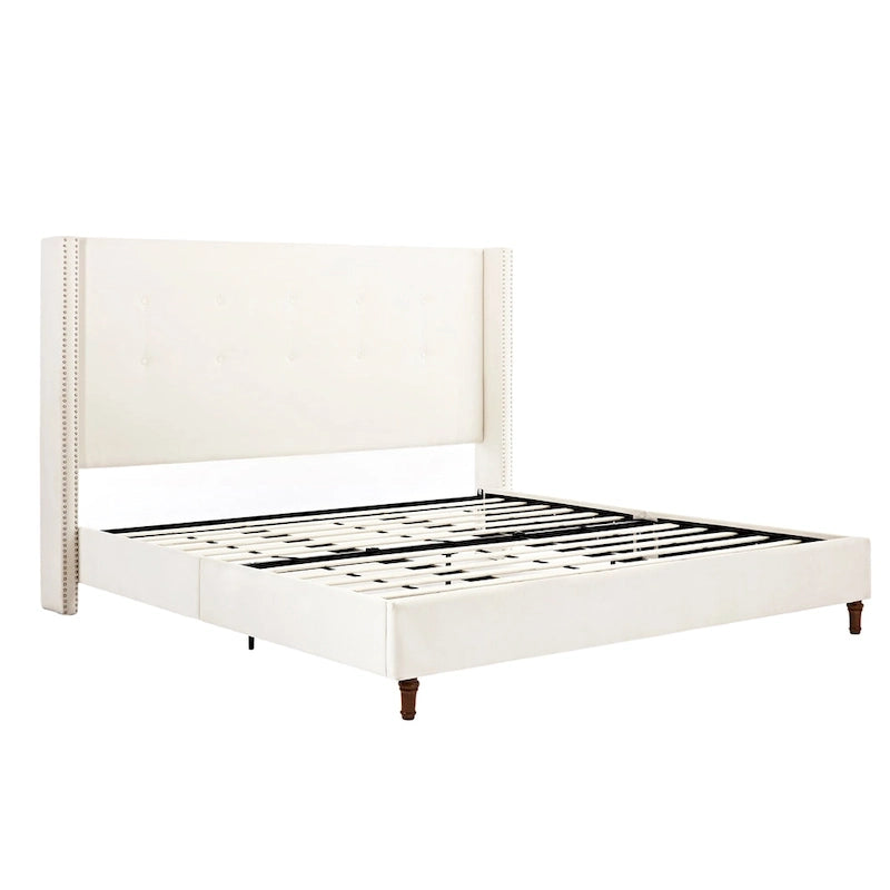 Lit king-size à oreilles en velours ivoire et bleu – Tête de lit capitonnée 54", 2 places