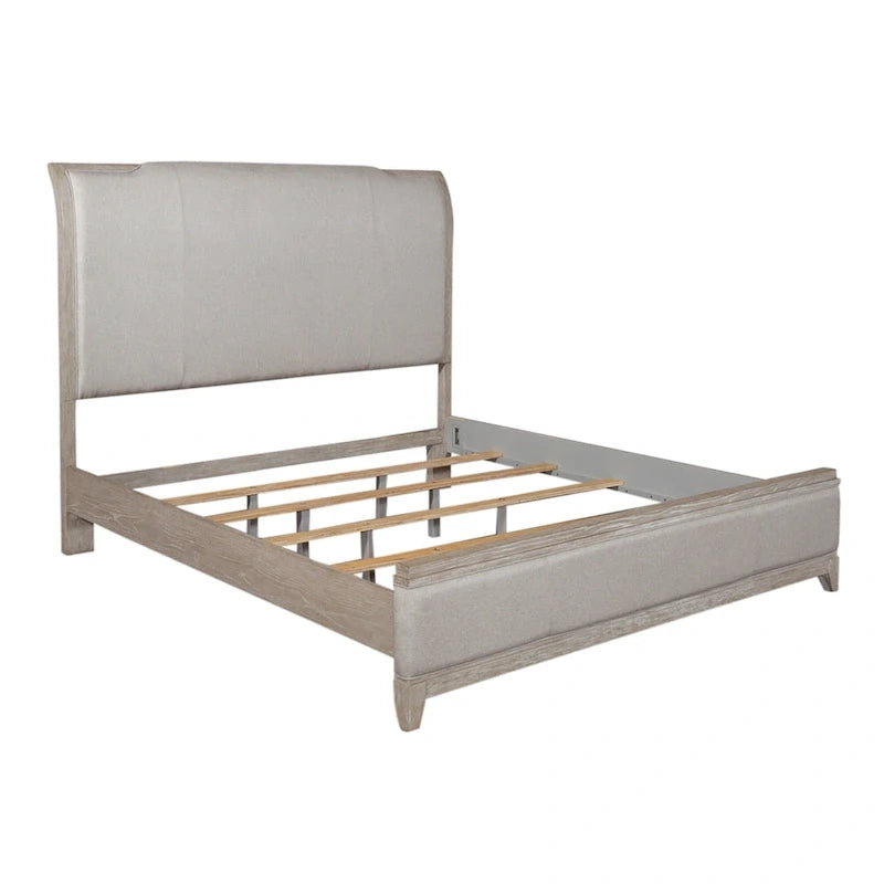 Lit traîneau tapissé taupe délavé et champagne argenté – California King