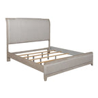 Lit traîneau tapissé taupe délavé et champagne argenté – California King