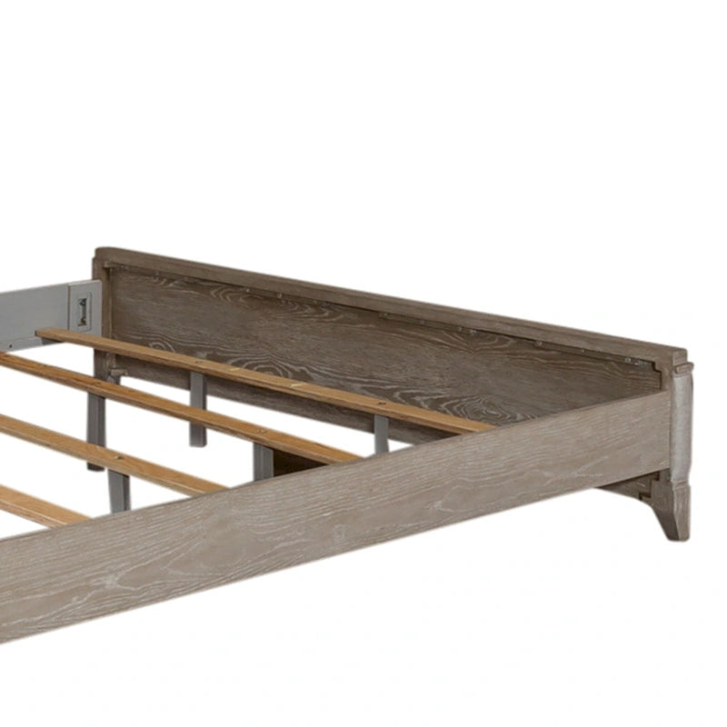 Lit traîneau tapissé taupe délavé et champagne argenté – California King