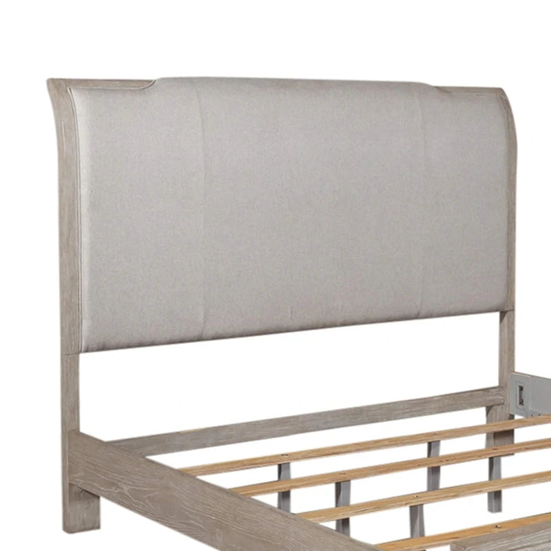 Lit traîneau tapissé taupe délavé et champagne argenté – California King