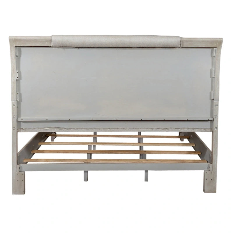Lit traîneau tapissé taupe délavé et champagne argenté – California King
