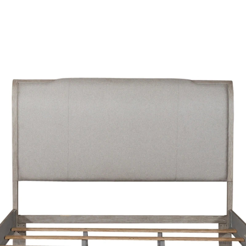 Lit traîneau tapissé taupe délavé et champagne argenté – California King