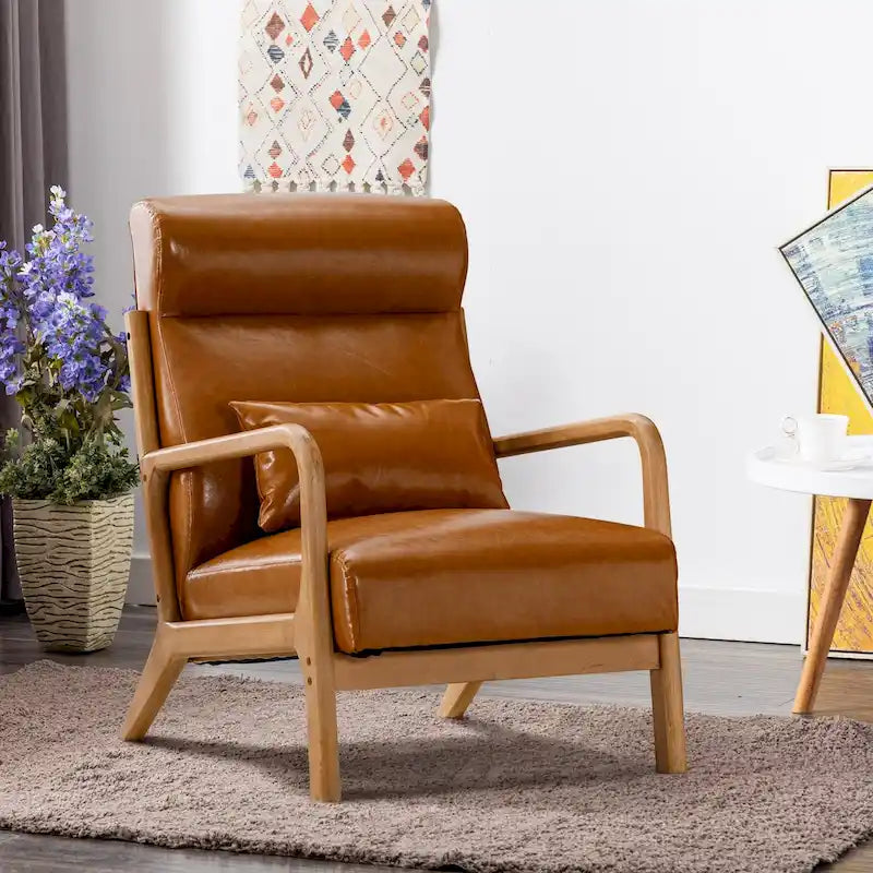 Fauteuil d'appoint en lin blanc/vert/marron avec pieds en bois, 1 place, oreiller inclus