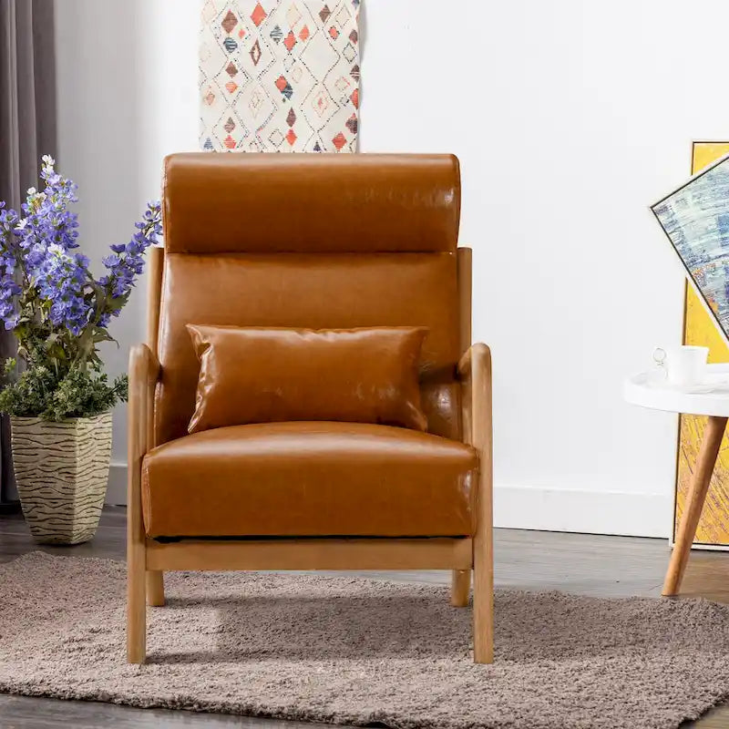 Fauteuil d'appoint en lin blanc/vert/marron avec pieds en bois, 1 place, oreiller inclus