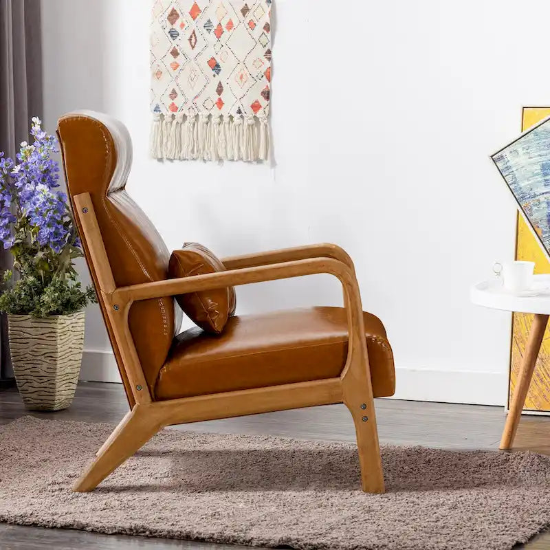 Fauteuil d'appoint en lin blanc/vert/marron avec pieds en bois, 1 place, oreiller inclus