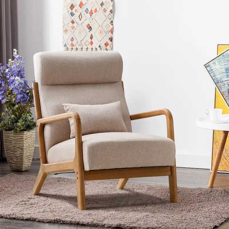 Fauteuil d'appoint en lin blanc/vert/marron avec pieds en bois, 1 place, oreiller inclus