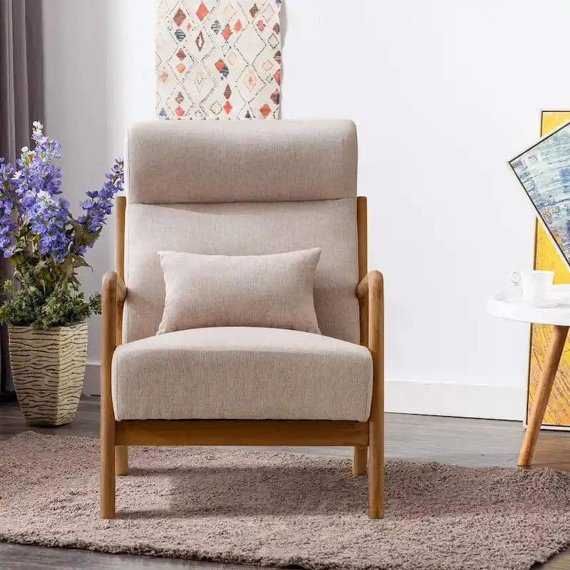 Fauteuil d'appoint en lin blanc/vert/marron avec pieds en bois, 1 place, oreiller inclus