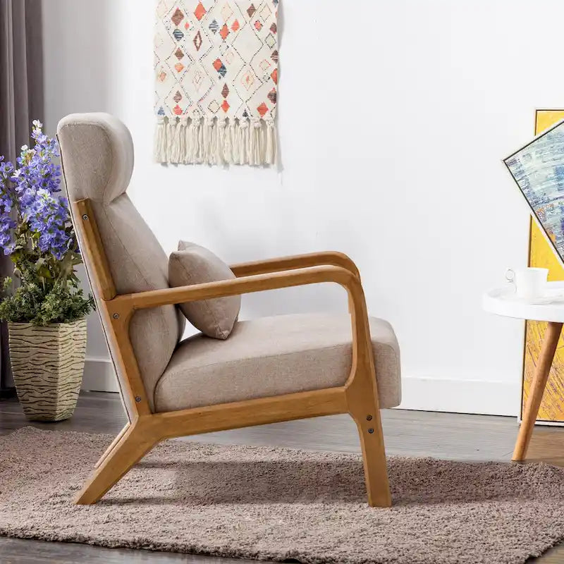 Fauteuil d'appoint en lin blanc/vert/marron avec pieds en bois, 1 place, oreiller inclus