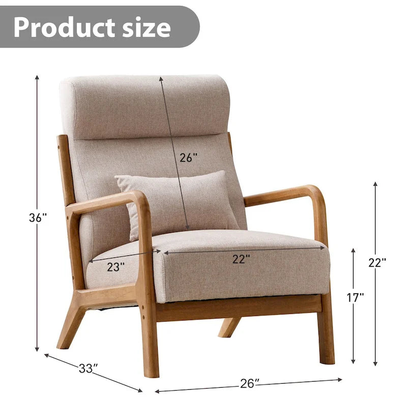 Fauteuil d'appoint en lin blanc/vert/marron avec pieds en bois, 1 place, oreiller inclus