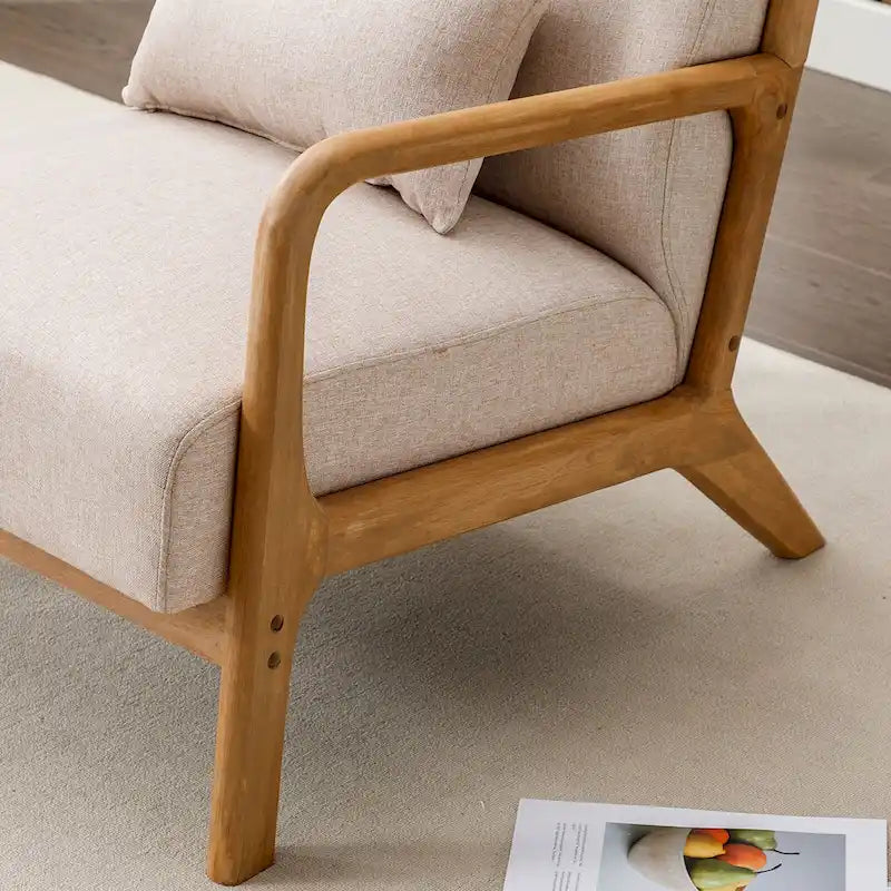 Fauteuil d'appoint en lin blanc/vert/marron avec pieds en bois, 1 place, oreiller inclus