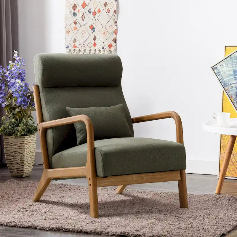 Fauteuil d'appoint en lin blanc/vert/marron avec pieds en bois, 1 place, oreiller inclus