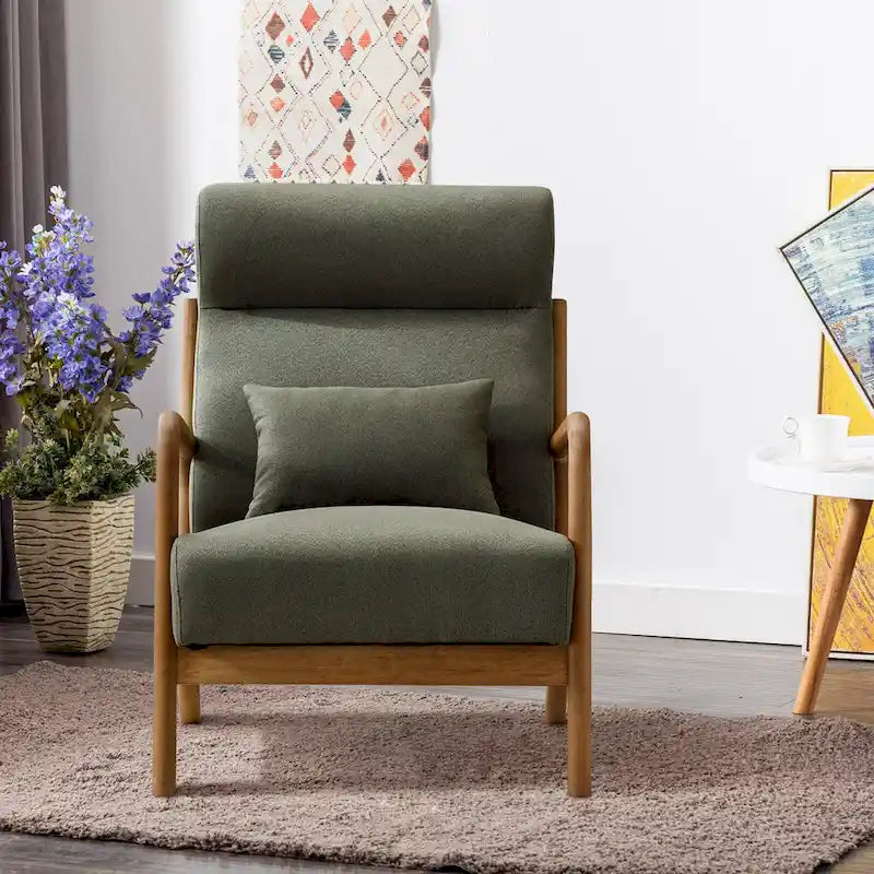 Fauteuil d'appoint en lin blanc/vert/marron avec pieds en bois, 1 place, oreiller inclus