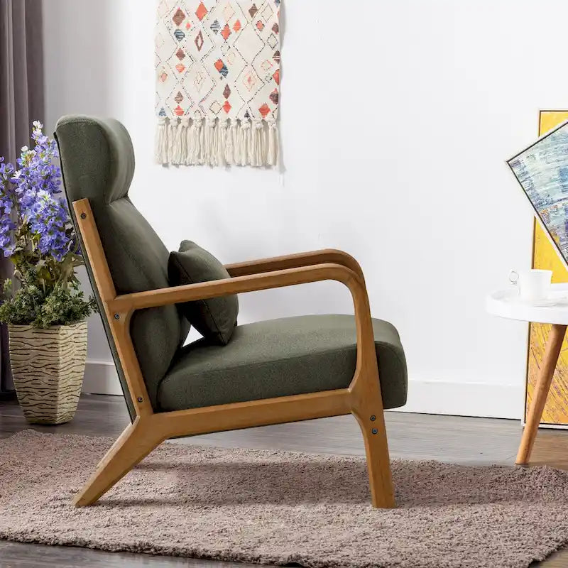 Fauteuil d'appoint en lin blanc/vert/marron avec pieds en bois, 1 place, oreiller inclus