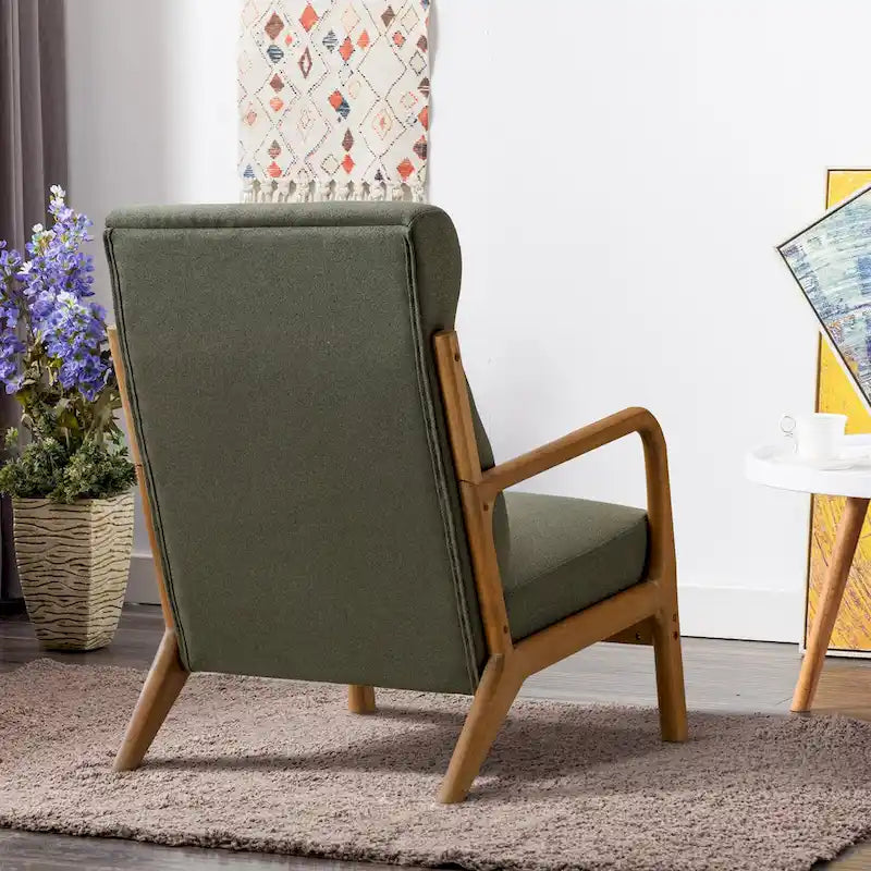 Fauteuil d'appoint en lin blanc/vert/marron avec pieds en bois, 1 place, oreiller inclus