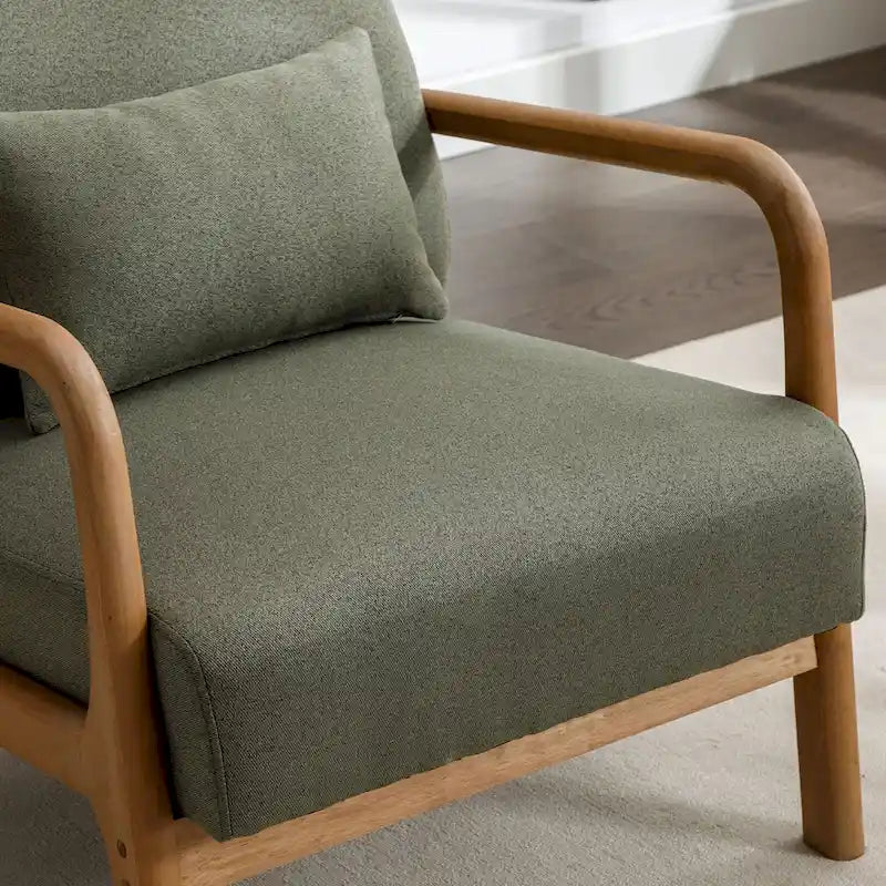 Fauteuil d'appoint en lin blanc/vert/marron avec pieds en bois, 1 place, oreiller inclus