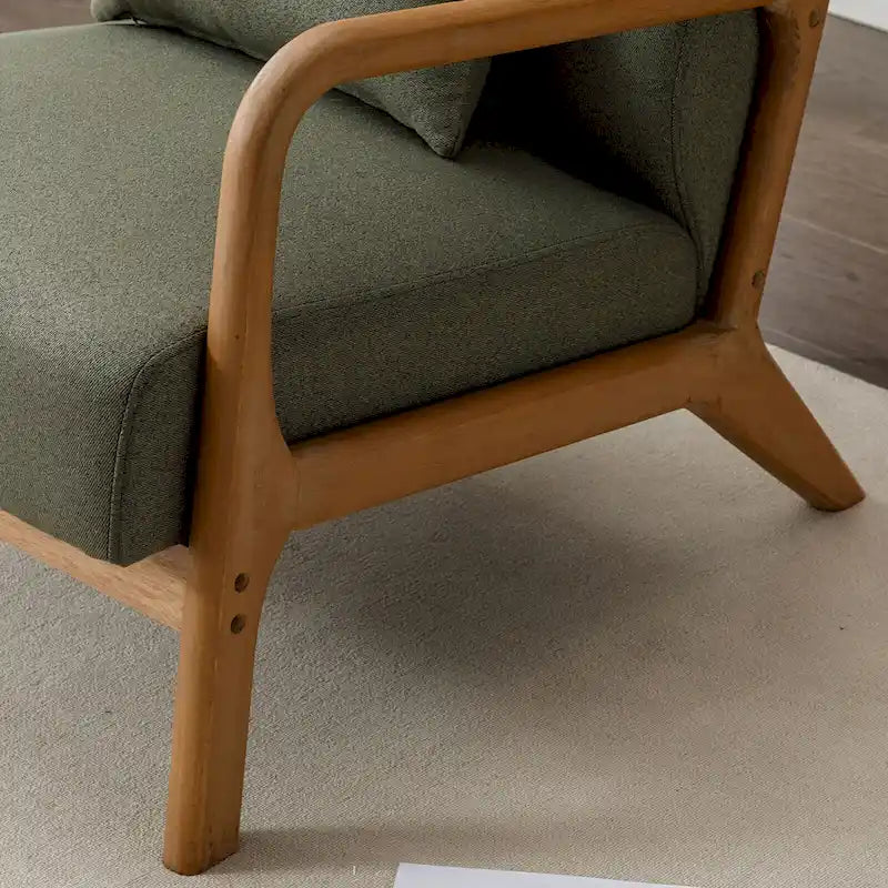 Fauteuil d'appoint en lin blanc/vert/marron avec pieds en bois, 1 place, oreiller inclus