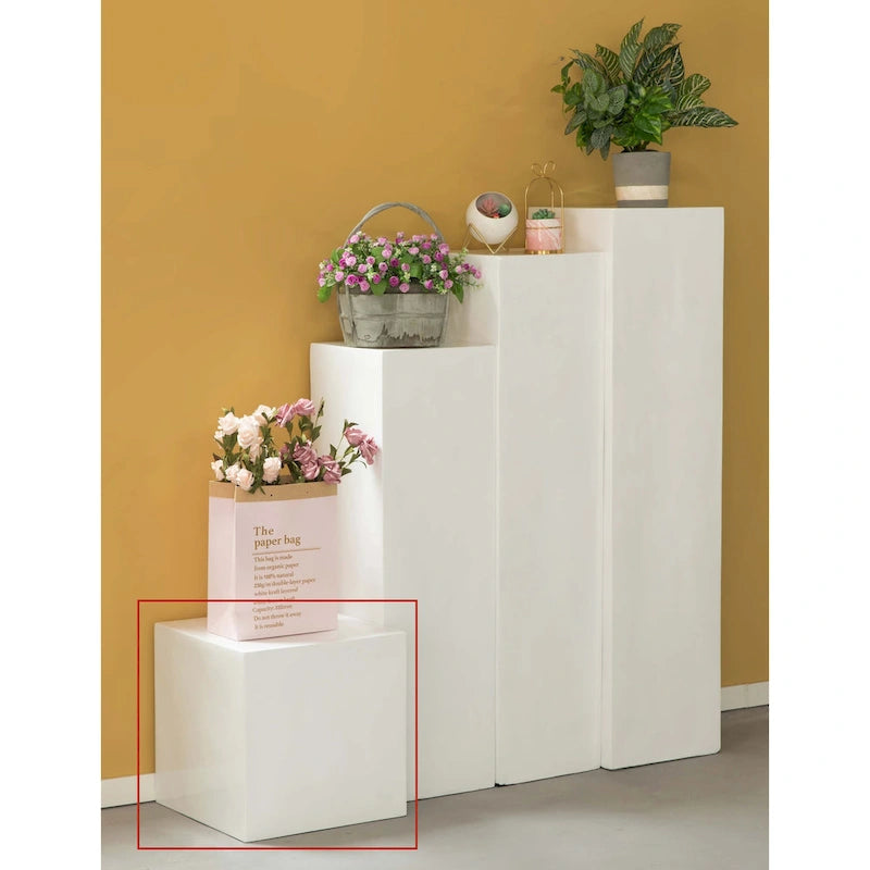 Présentoir Piédestal Carré Blanc – Simple, 4 Tailles