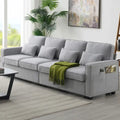 Canapé 4 places en tissu de lin moderne avec poches accoudoirs – Gris clair / Beige / Gris foncé
