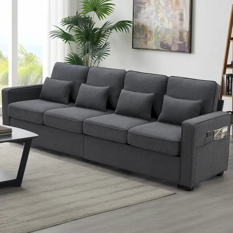 Canapé 4 places en tissu de lin moderne avec poches accoudoirs – Gris clair / Beige / Gris foncé