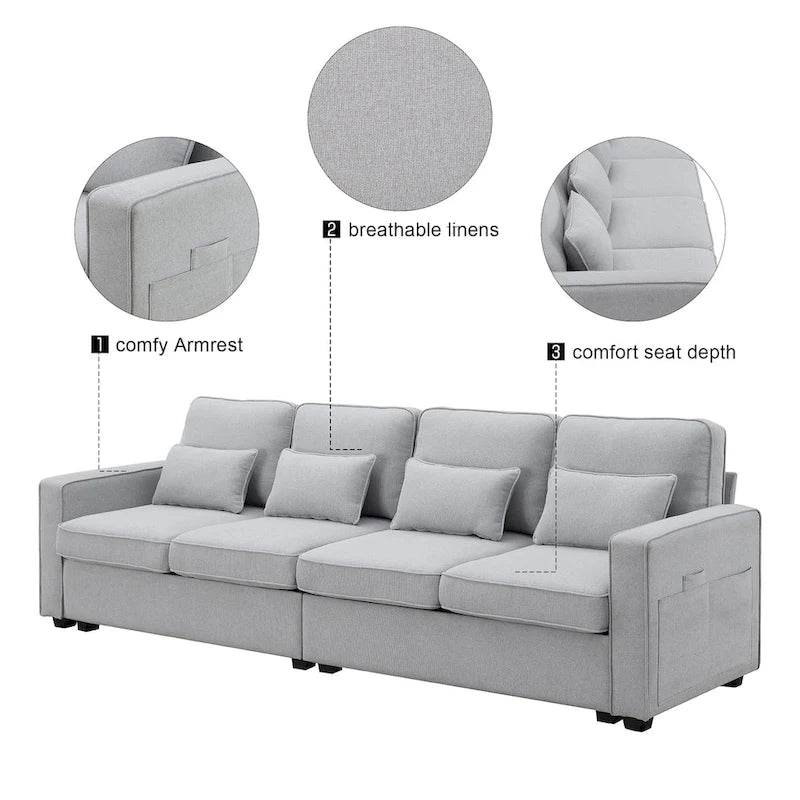 Canapé 4 places en tissu de lin moderne avec poches accoudoirs – Gris clair / Beige / Gris foncé