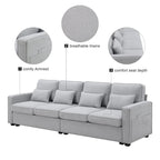 Canapé 4 places en tissu de lin moderne avec poches accoudoirs – Gris clair / Beige / Gris foncé