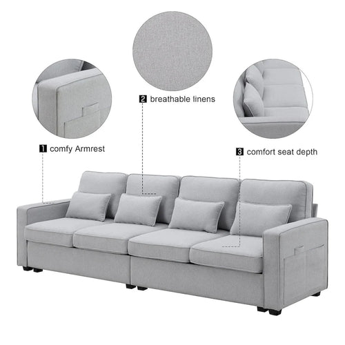 Canapé 4 places en tissu de lin moderne avec poches accoudoirs – Gris clair / Beige / Gris foncé