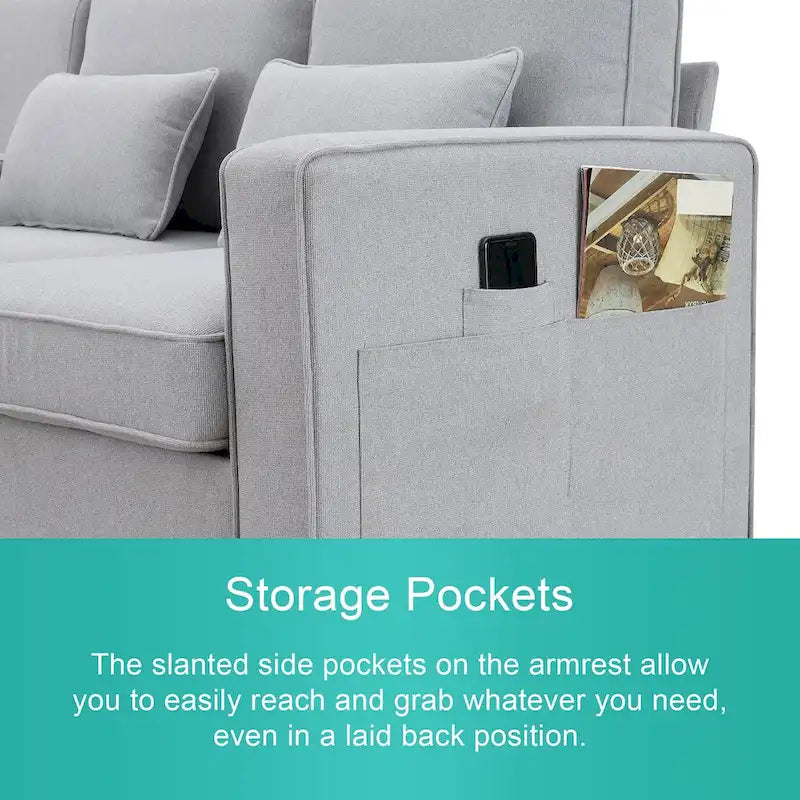Canapé 4 places en tissu de lin moderne avec poches accoudoirs – Gris clair / Beige / Gris foncé
