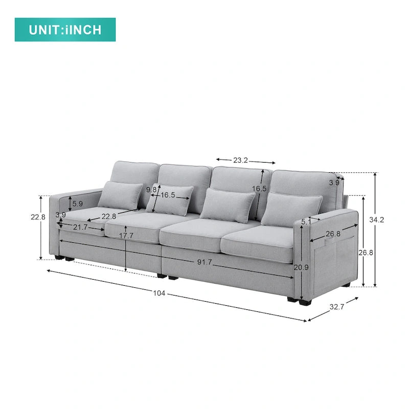 Canapé 4 places en tissu de lin moderne avec poches accoudoirs – Gris clair / Beige / Gris foncé