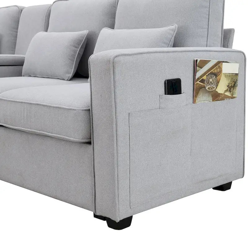 Canapé 4 places en tissu de lin moderne avec poches accoudoirs – Gris clair / Beige / Gris foncé