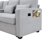Canapé 4 places en tissu de lin moderne avec poches accoudoirs – Gris clair / Beige / Gris foncé